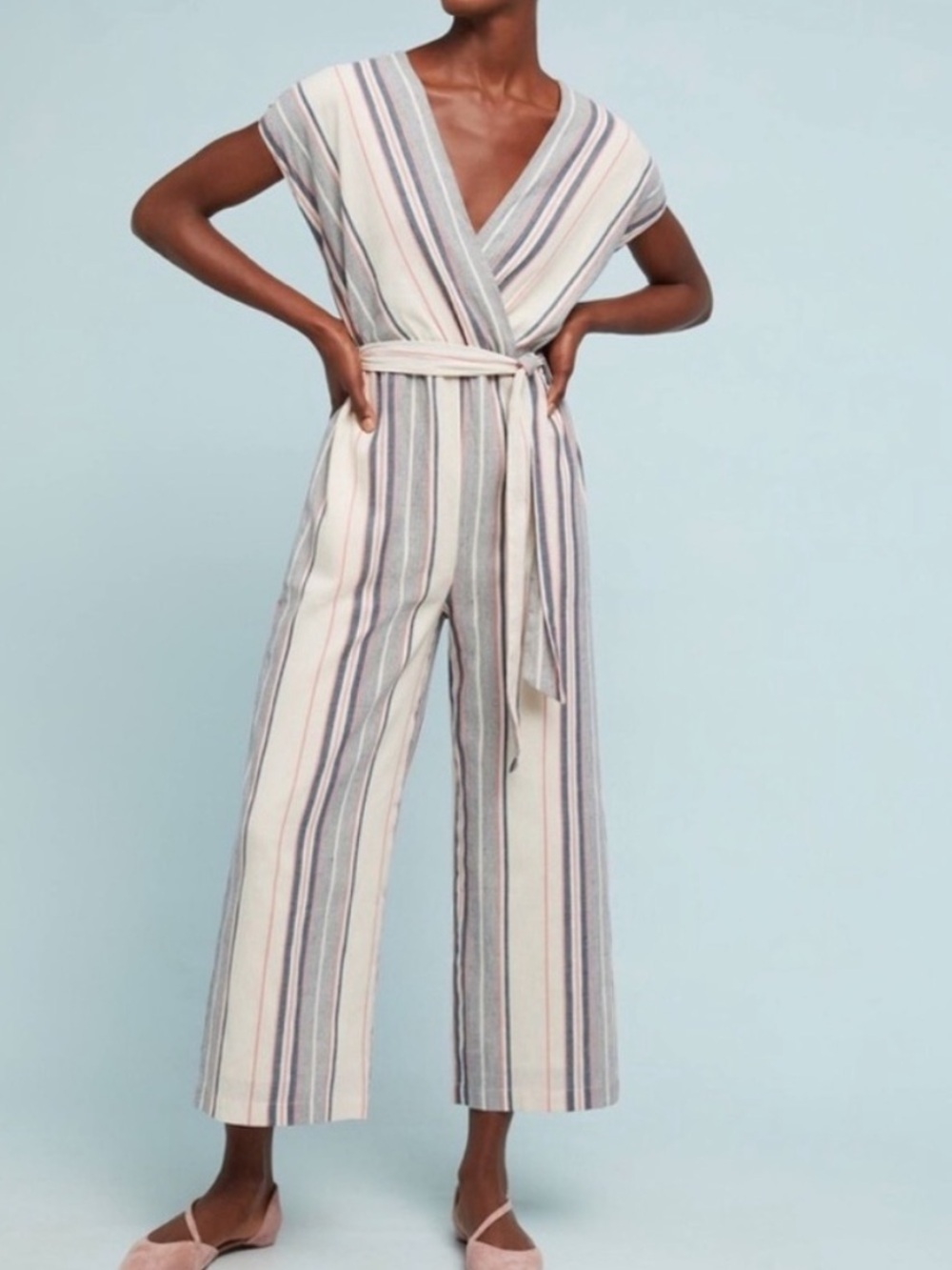 Anthropologie Dolan Millie Striped Belted Linen Blend Jumpsuit in Blue Sz M